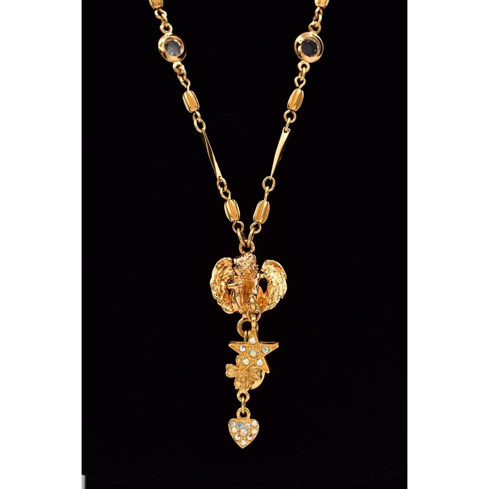 Vintage Kirks Folly Angel Necklace Gold AB Rhinestone Star Heart Charm 90s Bin3D